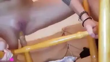 Crazy girl uses chair leg as a sex toy to fuck her pussy
